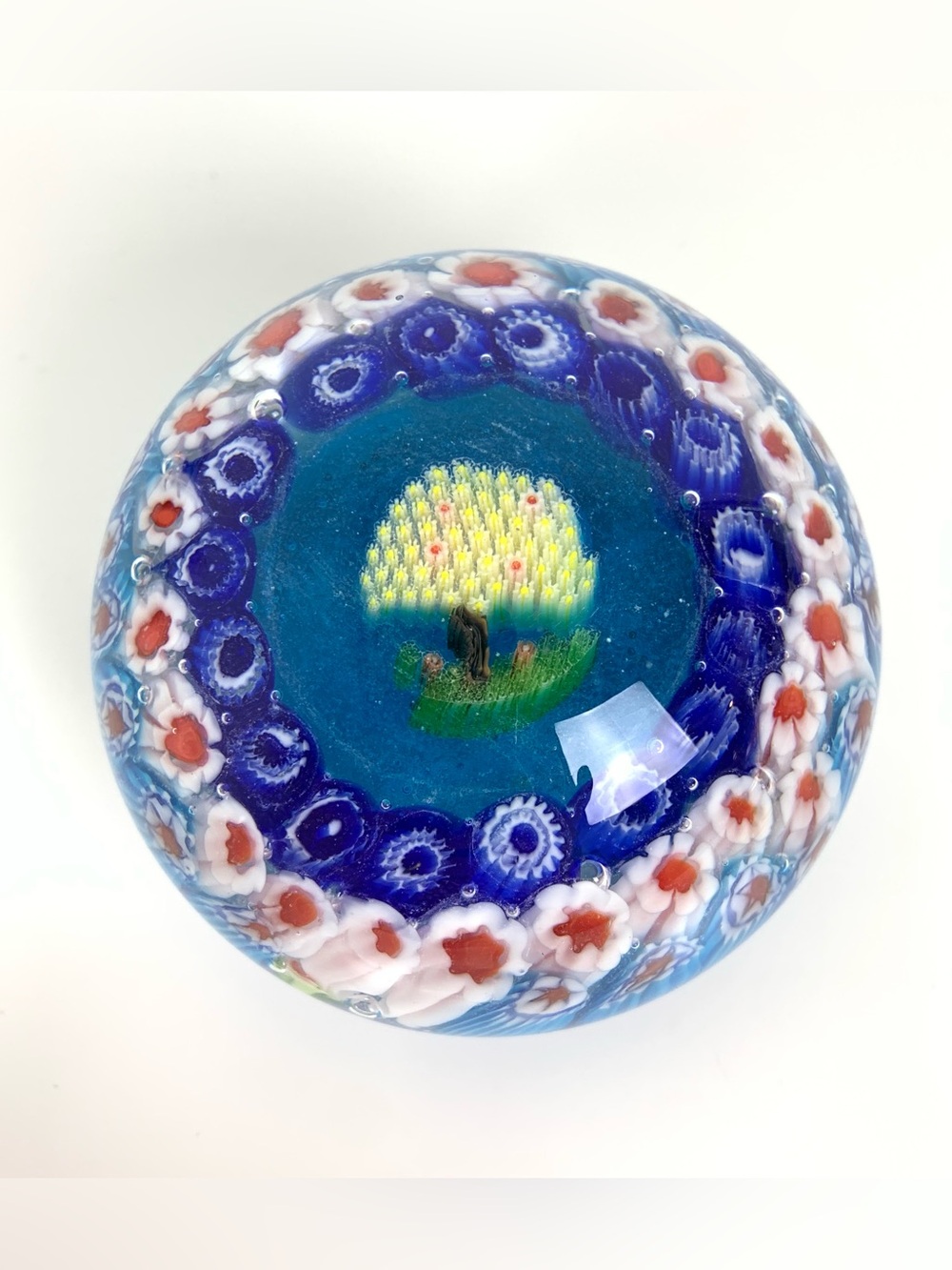 Millefiori Glass Paperweight Tree Of Life Handblown Blue Red Flat Clear Bottom